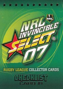 2007 Select NRL Invincible #001 Checklist #1 Front